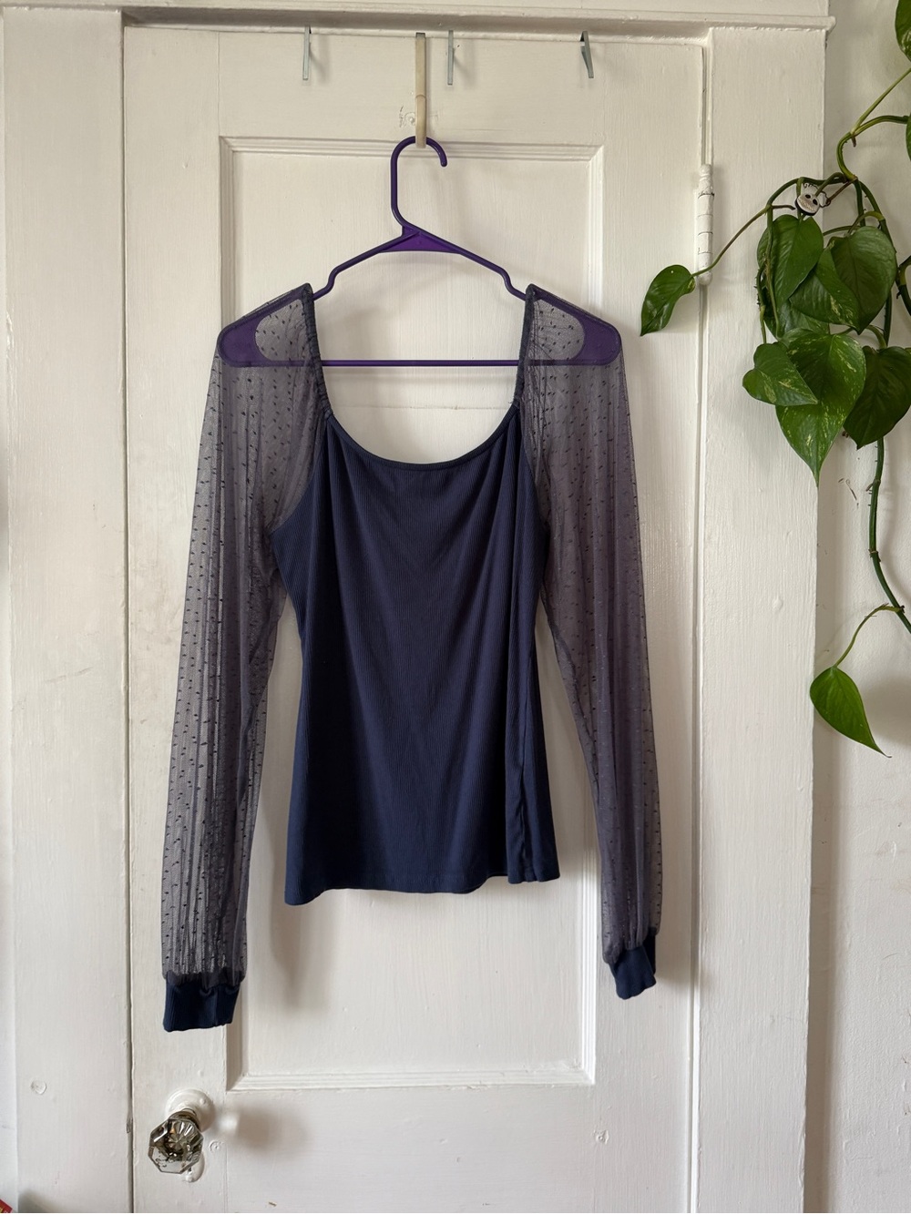 DOROSE size L Sheer Long-Sleeve Navy Women's Top